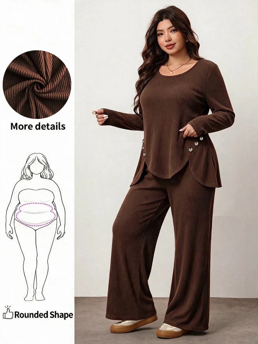 SHEIN LUNE CURVE Plus Size Women's Autumn/Winter Casual Minimalist Commuter Versatile Knit Fuzzy Ribbed Crew Neck Patchwork Decorative Button Long Sleeve Top And Straight Leg Pants 2 Pieces Set - Coffee Brown - View 1