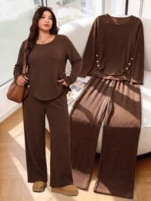 SHEIN LUNE CURVE Plus Size Women's Autumn/Winter Casual Minimalist Commuter Versatile Knit Fuzzy Ribbed Crew Neck Patchwork Decorative Button Long Sleeve Top And Straight Leg Pants 2 Pieces Set - Coffee Brown - View 8