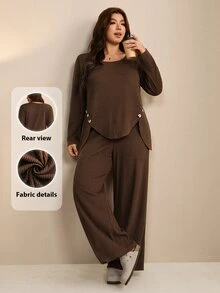 SHEIN LUNE CURVE Plus Size Women's Autumn/Winter Casual Minimalist Commuter Versatile Knit Fuzzy Ribbed Crew Neck Patchwork Decorative Button Long Sleeve Top And Straight Leg Pants 2 Pieces Set - Coffee Brown - View 3