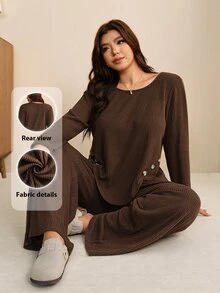 SHEIN LUNE CURVE Plus Size Women's Autumn/Winter Casual Minimalist Commuter Versatile Knit Fuzzy Ribbed Crew Neck Patchwork Decorative Button Long Sleeve Top And Straight Leg Pants 2 Pieces Set - Coffee Brown - View 7