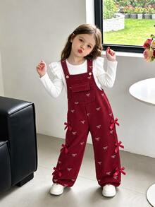 SHEIN Young Girl Solid Color Corduroy Jumpsuit, All-Over Bow Print Cute Fashion, Front Pocket Decoration, Simple & High-End, Suitable For Spring/Autumn, Perfect For Daily Outings, Adding More Options To Baby's Wardrobe - Burgundy - View 3