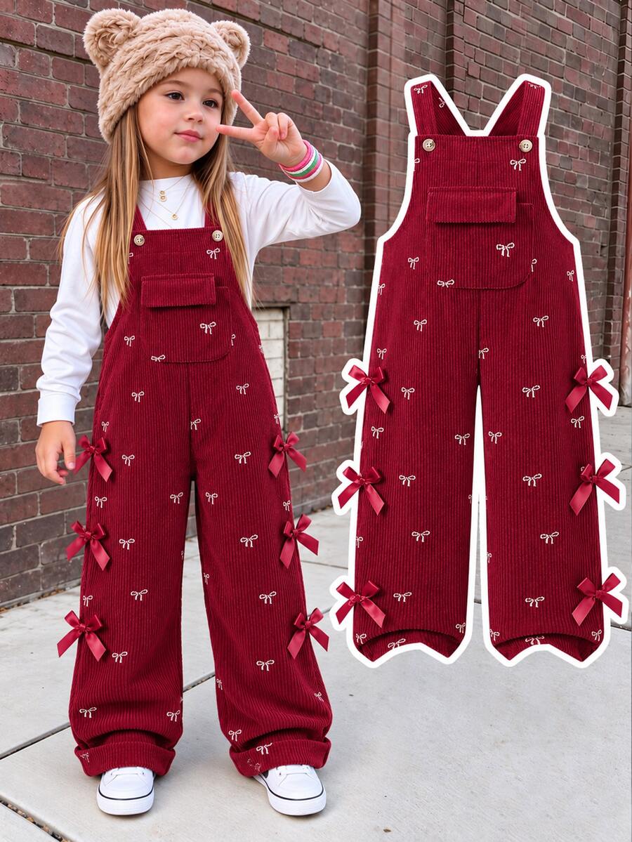 SHEIN Young Girl Solid Color Corduroy Jumpsuit, All-Over Bow Print Cute Fashion, Front Pocket Decoration, Simple & High-End, Suitable For Spring/Autumn, Perfect For Daily Outings, Adding More Options To Baby's Wardrobe - Burgundy - View 1