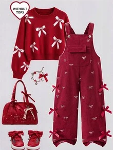 SHEIN Young Girl Solid Color Corduroy Jumpsuit, All-Over Bow Print Cute Fashion, Front Pocket Decoration, Simple & High-End, Suitable For Spring/Autumn, Perfect For Daily Outings, Adding More Options To Baby's Wardrobe - Burgundy - View 4
