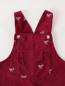 SHEIN Young Girl Solid Color Corduroy Jumpsuit, All-Over Bow Print Cute Fashion, Front Pocket Decoration, Simple & High-End, Suitable For Spring/Autumn, Perfect For Daily Outings, Adding More Options To Baby's Wardrobe - Burgundy - View 6