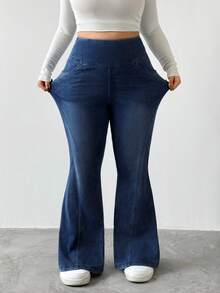 Flexra Plus Size Women's Fashion Casual Washed Flare Leg Jeans - Dark Wash - View 8