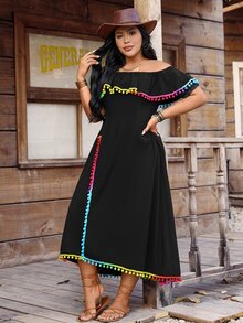 LanaWest CURVE Plus Size Summer Casual Off Shoulder Dress With Pom Pom Trim - Black - View 4