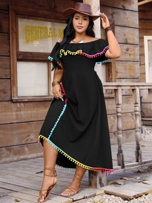 LanaWest CURVE Plus Size Summer Casual Off Shoulder Dress With Pom Pom Trim - Black - View 5