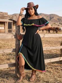 LanaWest CURVE Plus Size Summer Casual Off Shoulder Dress With Pom Pom Trim - Black - View 1