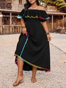 LanaWest CURVE Plus Size Summer Casual Off Shoulder Dress With Pom Pom Trim - Black - View 8