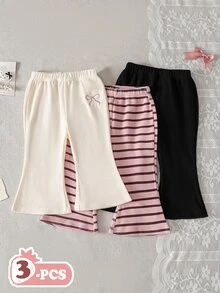 SHEIN 3件組幼女喇叭褲套裝，可愛甜美粉色白色棕色條紋波點蝴蝶結長袖，生日派對秋季聖誕冬季彈性款 - 粉色 - 查看 4