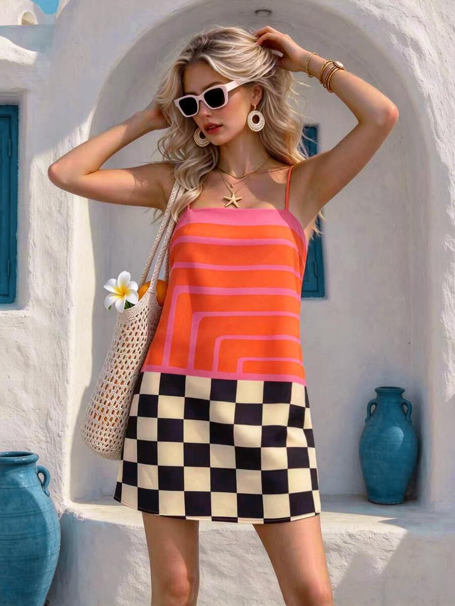 Vaclyn Women's Striped Checkerboard Casual Loose Cami Dress - Multicolor - View 1