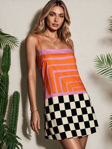 Vaclyn 女款條紋棋盤格休閒寬鬆細肩帶洋裝 - 彩色 - 查看 6