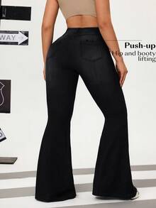 Flexra Plus Size Women's Casual Versatile Daily Travel Denim Flare Jeans With Pockets And Buttons Fashion Week Vacation Black Summer - Black - View 2