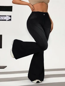 Flexra Plus Size Women's Casual Versatile Daily Travel Denim Flare Jeans With Pockets And Buttons Fashion Week Vacation Black Summer - Black - View 5