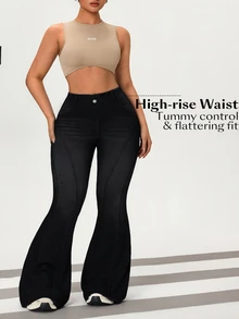 Flexra Plus Size Women's Casual Versatile Daily Travel Denim Flare Jeans With Pockets And Buttons Fashion Week Vacation Black Summer - Black - View 6