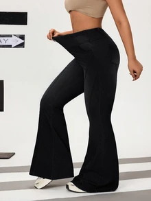 Flexra Plus Size Women's Casual Versatile Daily Travel Denim Flare Jeans With Pockets And Buttons Fashion Week Vacation Black Summer - Black - View 7