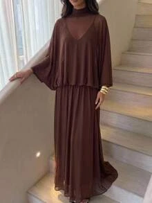 Aloruh Women's Elegant Modest 2 In 1 Shawl Style Loose Mesh Coffee Brown Dress,Elegant Long Dress,Christmas Dress,Brown Dress For Women ,Halloween - Brown - View 5