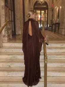 Aloruh Women's Elegant Modest 2 In 1 Shawl Style Loose Mesh Coffee Brown Dress,Elegant Long Dress,Christmas Dress,Brown Dress For Women ,Halloween - Brown - View 2