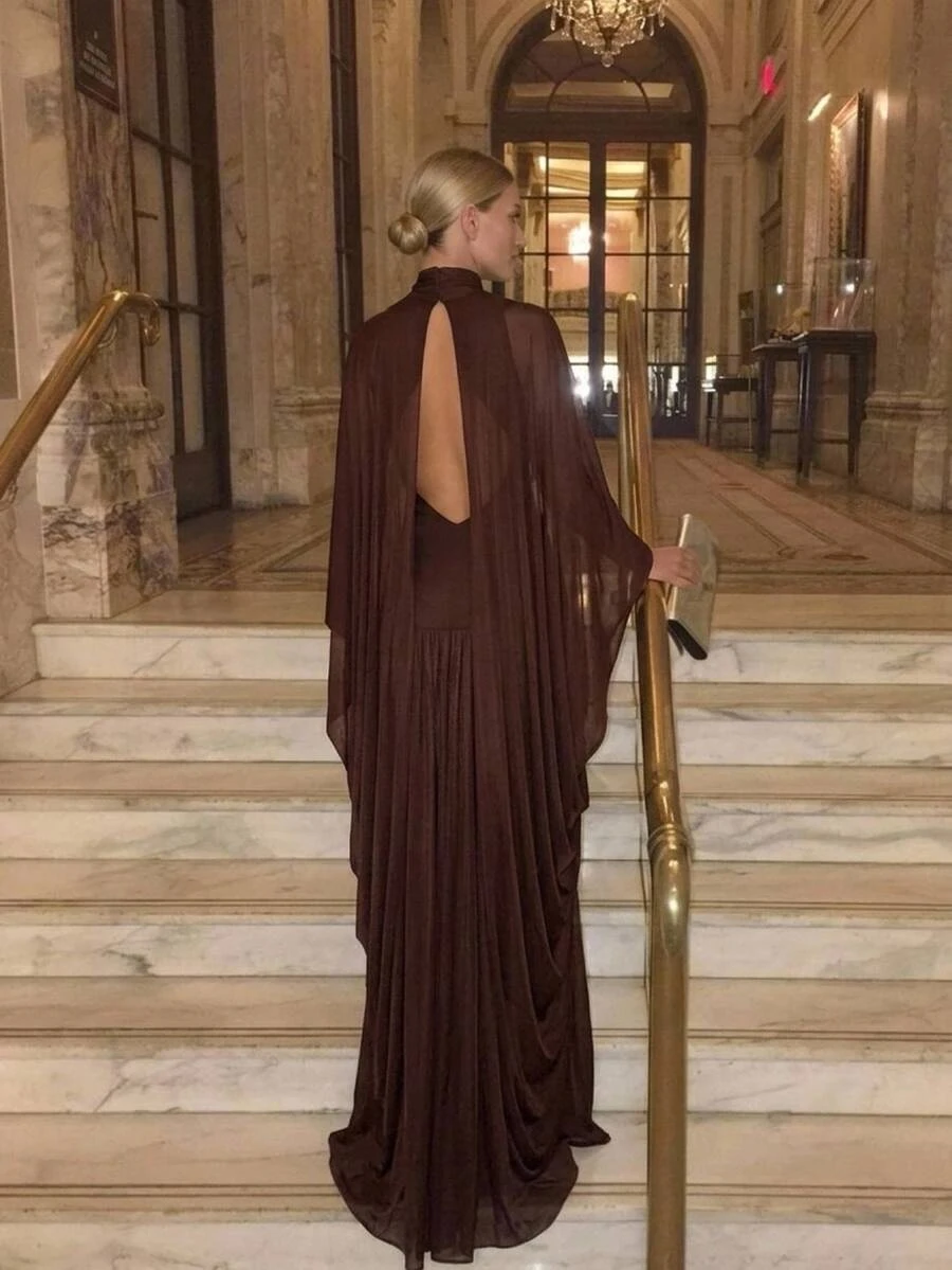 Aloruh Women's Elegant Modest 2 In 1 Shawl Style Loose Mesh Coffee Brown Dress,Elegant Long Dress,Christmas Dress,Brown Dress For Women ,Halloween