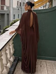 Aloruh Women's Elegant Modest 2 In 1 Shawl Style Loose Mesh Coffee Brown Dress,Elegant Long Dress,Christmas Dress,Brown Dress For Women ,Halloween - Brown - View 4