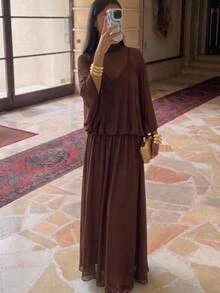 Aloruh Women's Elegant Modest 2 In 1 Shawl Style Loose Mesh Coffee Brown Dress,Elegant Long Dress,Christmas Dress,Brown Dress For Women ,Halloween - Brown - View 9