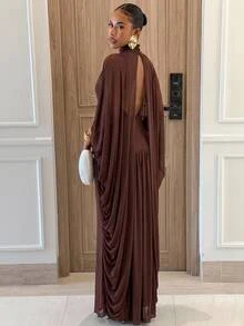 Aloruh Women's Elegant Modest 2 In 1 Shawl Style Loose Mesh Coffee Brown Dress,Elegant Long Dress,Christmas Dress,Brown Dress For Women ,Halloween - Brown - View 6