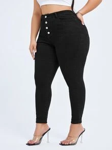Flexra Pantalones vaqueros de mujer talla grande de ajuste ceñido y cintura alta, de unicolor, elásticos y de punto - Negro - Ver 4