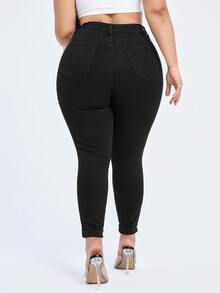 Flexra Pantalones vaqueros de mujer talla grande de ajuste ceñido y cintura alta, de unicolor, elásticos y de punto - Negro - Ver 2