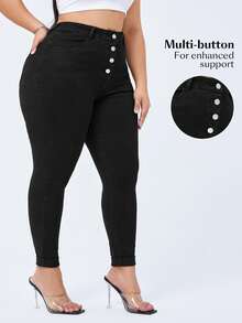 Flexra Pantalones vaqueros de mujer talla grande de ajuste ceñido y cintura alta, de unicolor, elásticos y de punto - Negro - Ver 5