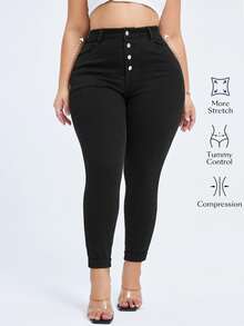 Flexra Pantalones vaqueros de mujer talla grande de ajuste ceñido y cintura alta, de unicolor, elásticos y de punto - Negro - Ver 3