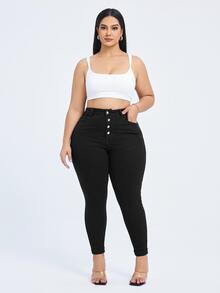 Flexra Pantalones vaqueros de mujer talla grande de ajuste ceñido y cintura alta, de unicolor, elásticos y de punto - Negro - Ver 6
