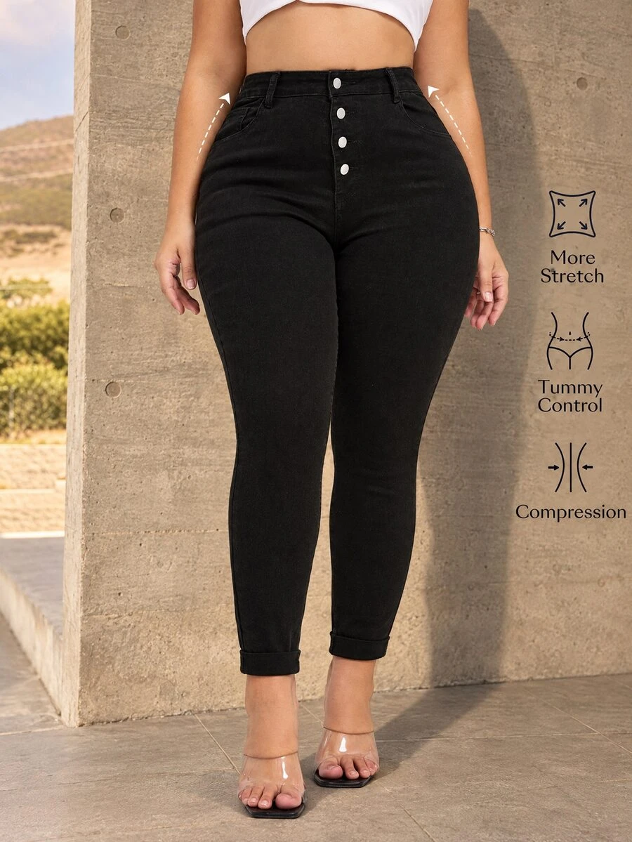 Flexra Pantalones vaqueros de mujer talla grande de ajuste ceñido y cintura alta, de unicolor, elásticos y de punto - Negro - Ver 1