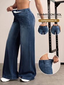 Flexra Plus Size Fashion Mid-Blue Denim Washed Wide Leg Pants - Dark Wash - View 1