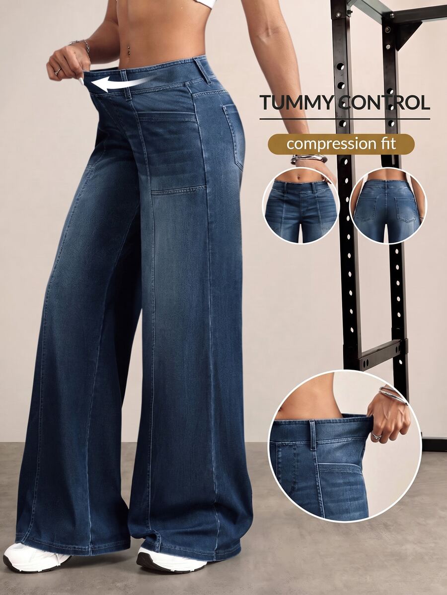 Flexra Plus Size Fashion Mid-Blue Denim Washed Wide Leg Pants - Dark Wash - View 1