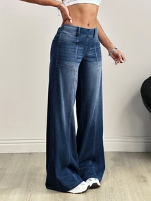 Flexra Plus Size Fashion Mid-Blue Denim Washed Wide Leg Pants - Dark Wash - View 4