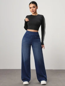 Flexra Women's Casual Washed High Waist Straight Leg Jeans Holiday Night Light Blue Summer - Blue - View 5
