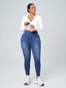 Flexra Plus Size Women Casual Elastic Waist Slim Fit Jeans - Medium Wash - View 7