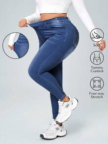 Flexra Plus Size Women Casual Elastic Waist Slim Fit Jeans - Medium Wash - View 3