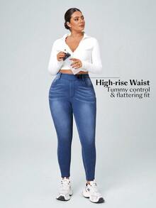 Flexra Plus Size Women Casual Elastic Waist Slim Fit Jeans - Medium Wash - View 5