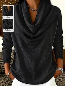 SHEIN Franclia ملابس علوية نسائية بلون موحد بياقة كول وأكمام طويلة كاجوال - الأسود - مشاهدة 1