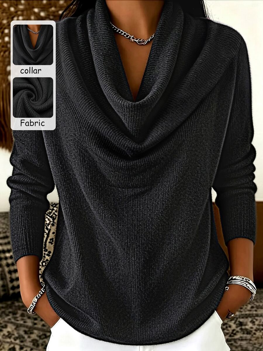 SHEIN Franclia ملابس علوية نسائية بلون موحد بياقة كول وأكمام طويلة كاجوال - الأسود - مشاهدة 1