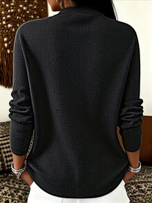 SHEIN Franclia ملابس علوية نسائية بلون موحد بياقة كول وأكمام طويلة كاجوال - الأسود - مشاهدة 2
