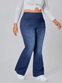 Flexra Plus Size Women's Casual Versatile Washed Denim Flare Leg Pants - Dark Wash - View 4