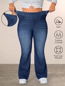 Flexra Plus Size Women's Casual Versatile Washed Denim Flare Leg Pants - Dark Wash - View 1