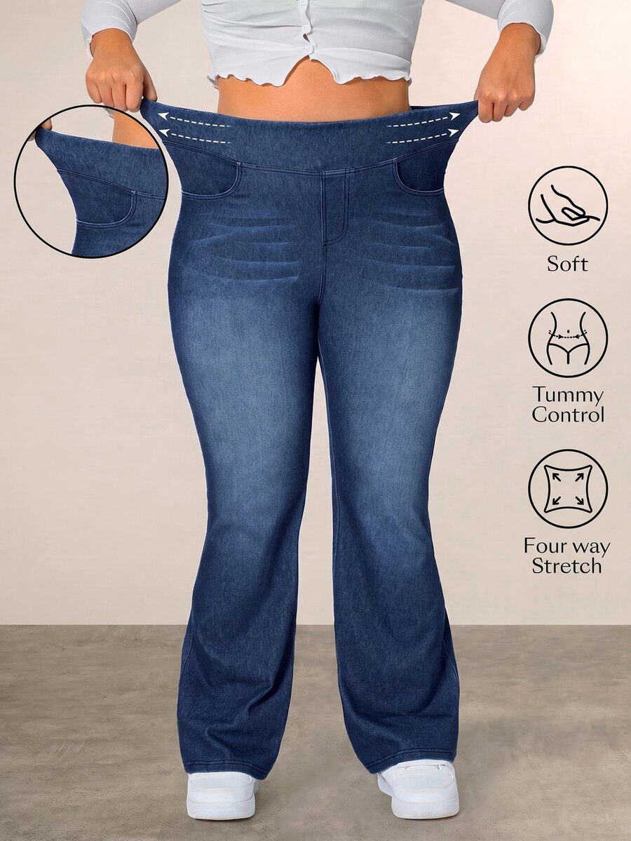 Flexra Plus Size Women's Casual Versatile Washed Denim Flare Leg Pants - Dark Wash - View 1