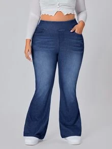 Flexra Plus Size Women's Casual Versatile Washed Denim Flare Leg Pants - Dark Wash - View 6