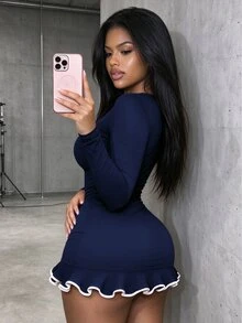 INAWLY Solva Women's Round Neck Ruffle Hem Long Sleeve Slim Fit Fashion Mini Dress - Navy Blue - View 6