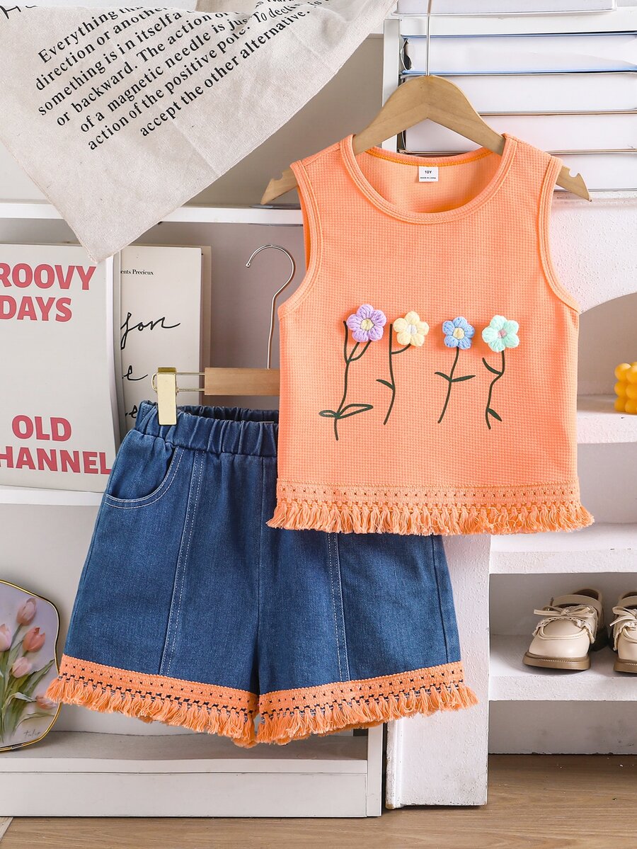 SHEIN Tween Girls 2pcs/Set Orange Summer Cute Vacation Formal Textured Fabric Embroidered Floral Pattern Denim Fringe Sho School Birthday Cowgirl
