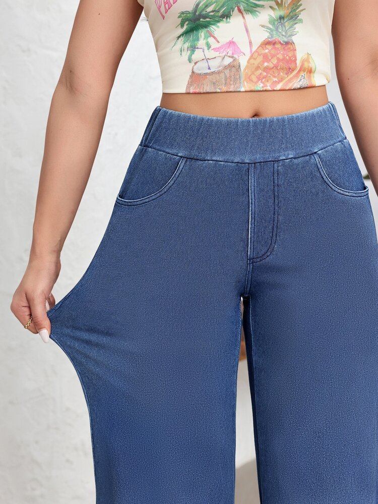 Flexra Women's Street Style Stretch Casual Sporty Knit Denim Wide Leg Pants Travel Blue Summer - Medium Wash - View 9