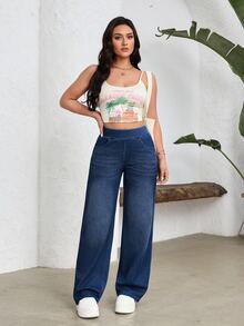 Flexra 女款街頭風彈性休閒運動風丹寧寬腿褲 - 霧霾藍 - 查看 7